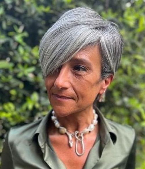 50+ Gray Pixie with Peekaboo Bangs