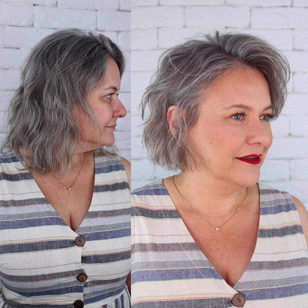 60+ Gray Brown Bob for Fine Hair